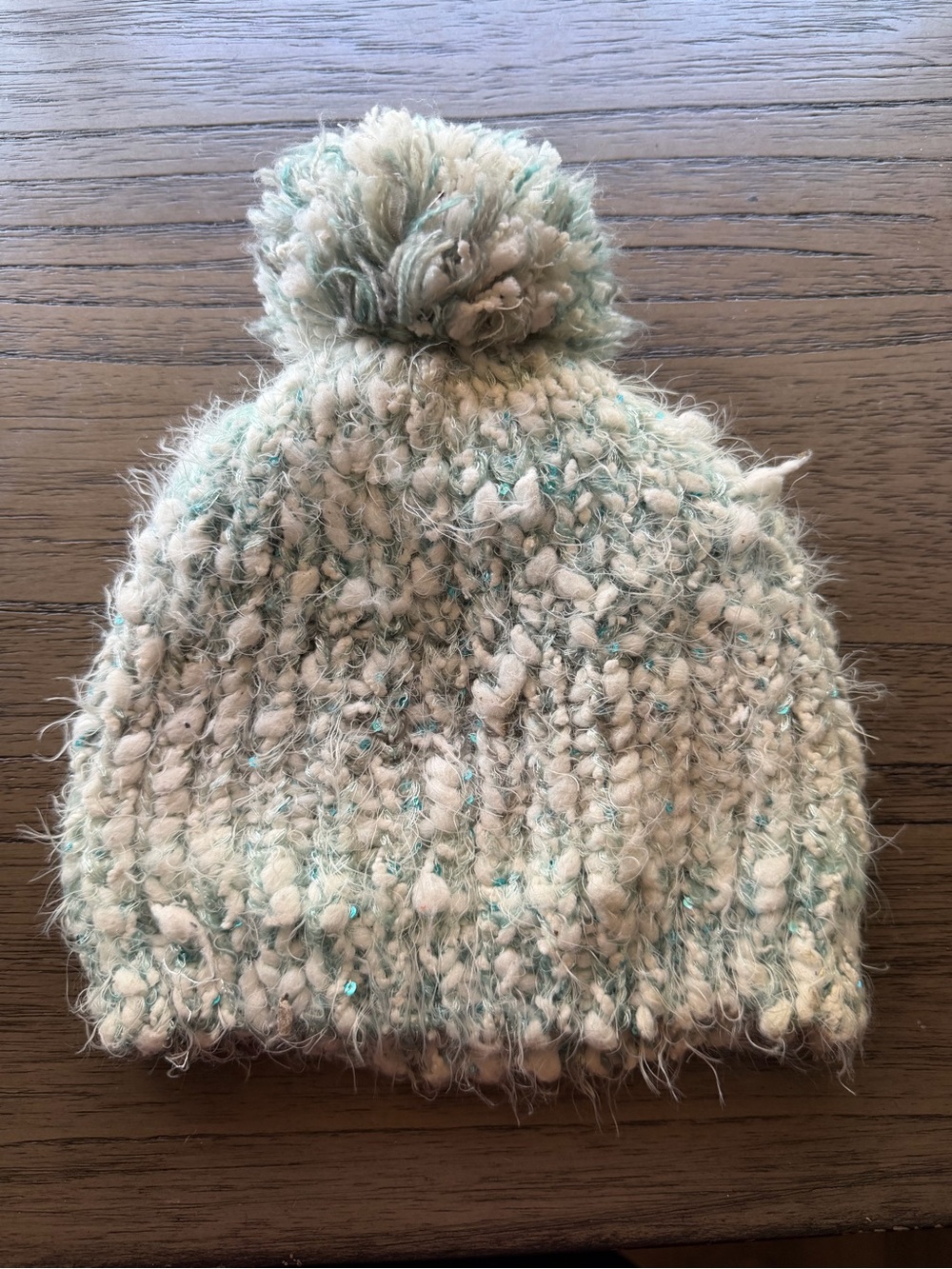 Kids Pom-Pom Knit Beanie - Cream & Light Green